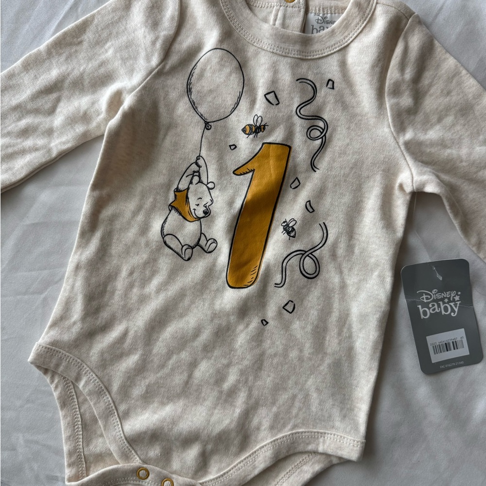 Disney Cream Winnie the Pooh Gold '1' Birthday Bodysuit